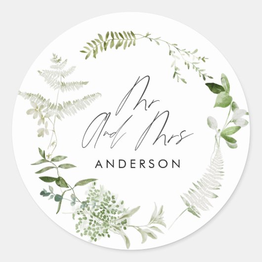 Groene elegante moderne botanische scriptbruiloft ronde sticker (Voorkant)