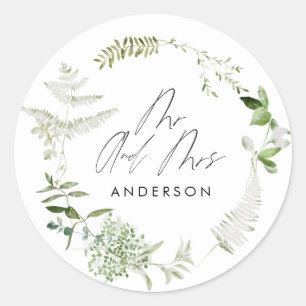 Groene elegante moderne botanische scriptbruiloft ronde sticker