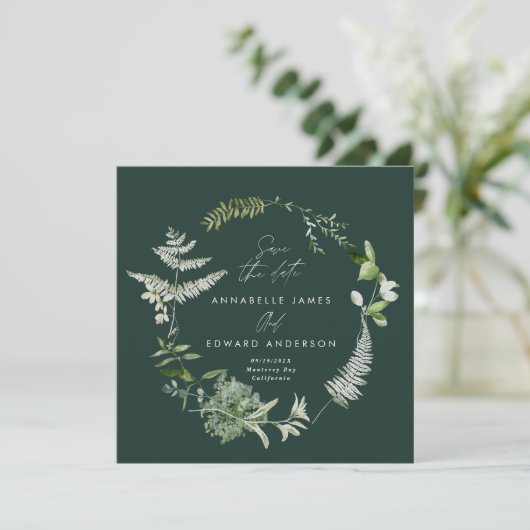 Groene elegante moderne botanische scriptbruiloft save the date (Staand voorkant)