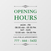 Groene Elegante Openingstijden Klein Bedrijf Telef Raamsticker (Vel)