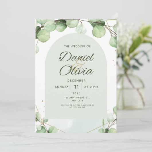 Groene elegante rustieke moderne bruiloft kaart (Staand voorkant)