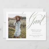Groene Elegante Script Foto Afstudeer Uitnodiging (Voorkant)