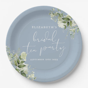 Groene Elegante Stof Blauw Bruids Thee Feestje Papieren Bordje