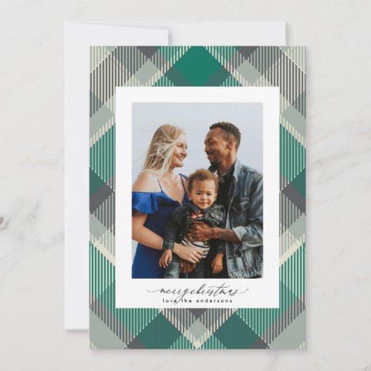 Groene Elegante Vrolijke Kerstmis Custom Plaid Fot Feestdagenkaart (Voorkant)