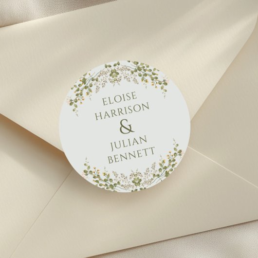 Groene Elegante Wilde Bloemen Bruiloft  Ronde Sticker
