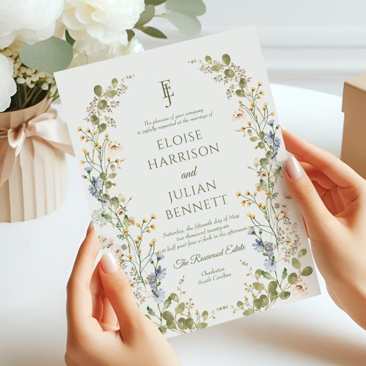 Groene Elegante Wildflower Pastel bruiloft Kaart