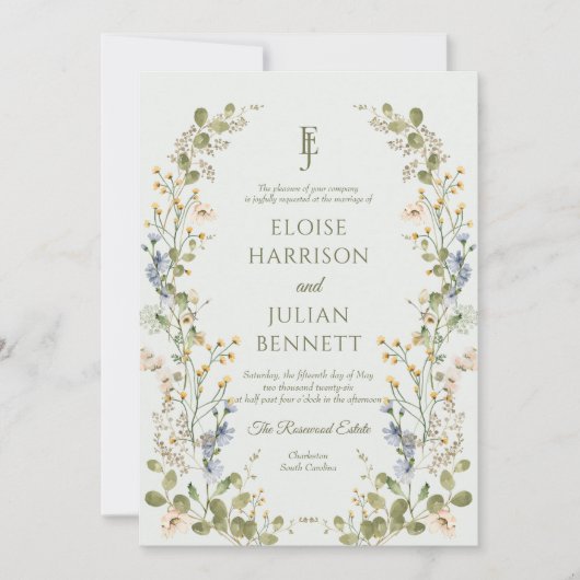 Groene Elegante Wildflower Pastel bruiloft Kaart (Voorkant)