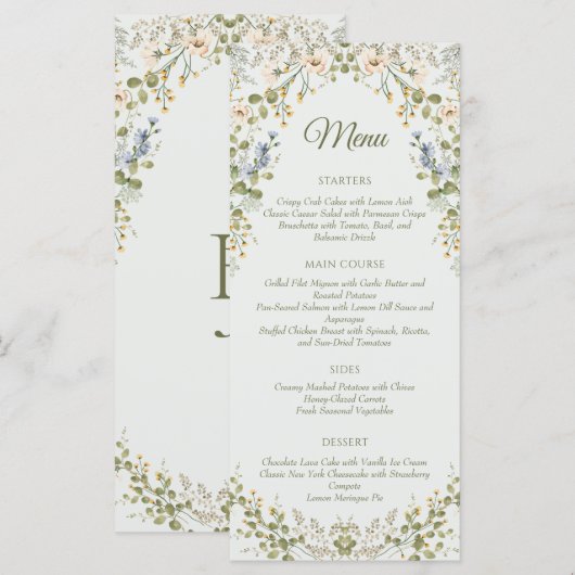 Groene Elegante Wildflower Pastel bruiloft Menu (Voorkant / Achterkant)