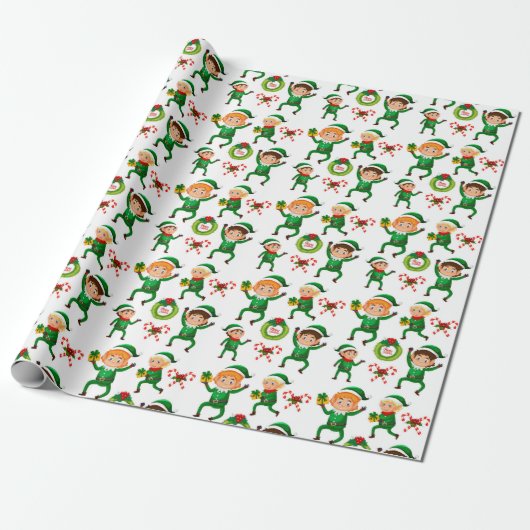 Groene Elf Candy Cane Kerst Waterverf Cadeaupapier (Uitgerold)