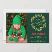 Groene Elf First kerstfoto geboorteaankondiging Aankondiging (Voorkant)