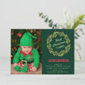 Groene Elf First kerstfoto geboorteaankondiging Aankondiging (Staand voorkant)