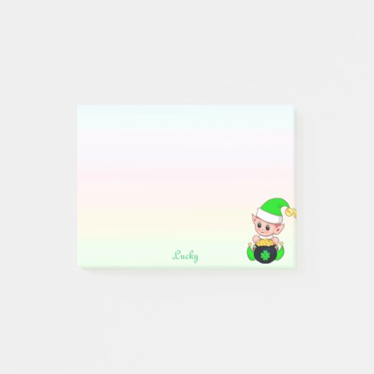 Groene elf & gouden munten op pastelkleuren post-it® notes (Voorkant)