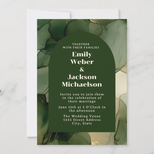 Groene Emerald Olijf Goud Bloemen Boog Huwelijk Kaart (Voorkant)