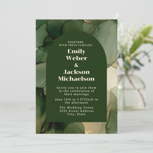 Groene Emerald Olijf Goud Bloemen Boog Huwelijk Kaart (Staand voorkant)