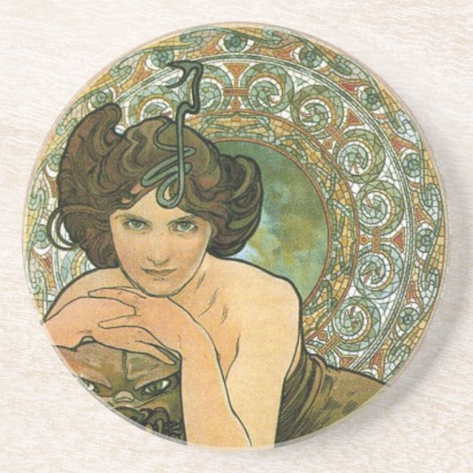 groene Emerald Temptress Art Nouveau Mucha Zandsteen Onderzetter (Voorkant)