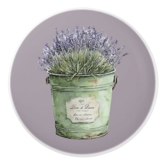 Groene Emmer Lavendel Bloemen Keramische Knop (Voorkant)