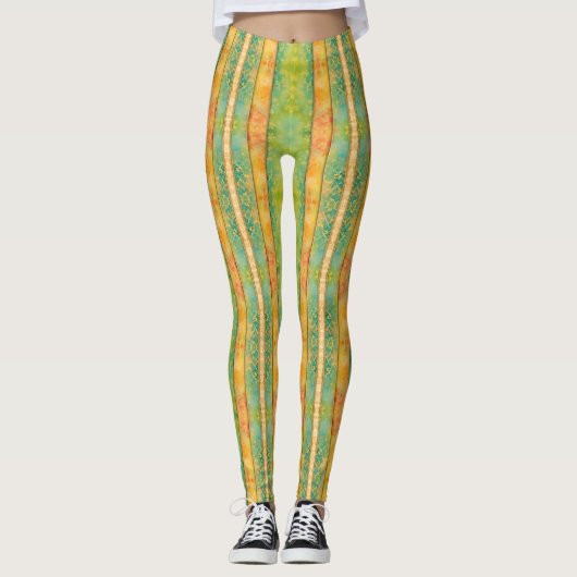 Groene en Abrikozen Waterverf Stripes Leggings (Voorkant)
