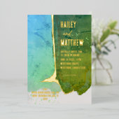 Groene en Aqua blauwe Waterverf bruiloft Folie Uitnodiging (Staand Voorkant)