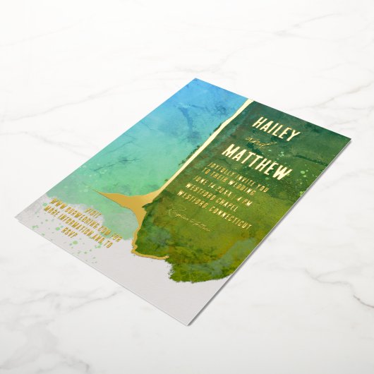 Groene en Aqua blauwe Waterverf bruiloft Folie Uitnodiging (Gedraaid)