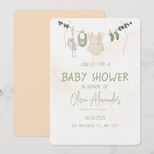 Groene en beige delicate Waterverf Baby shower Kaart (Voorkant / Achterkant)