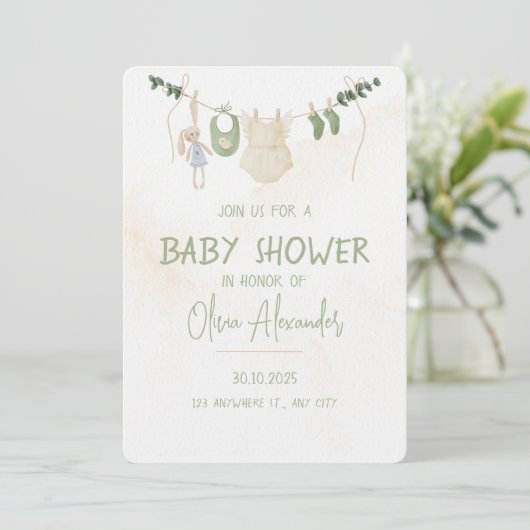 Groene en beige delicate Waterverf Baby shower Kaart (Staand voorkant)