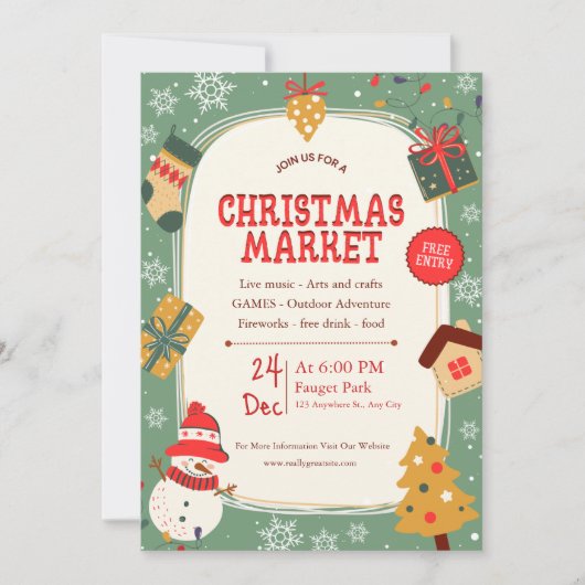 Groene en Beige Illustratieve Kerstmarkt Kaart (Voorkant)