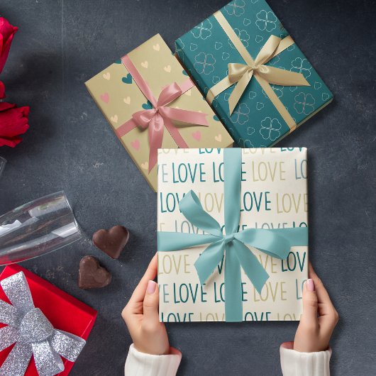 Groene en Beige Loving Hearts set van 3 Inpakpapier Vel