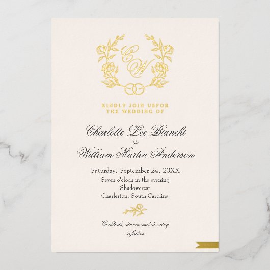 Groene en Beige Neutrale Bruiloft Folie Uitnodiging (Voorkant)