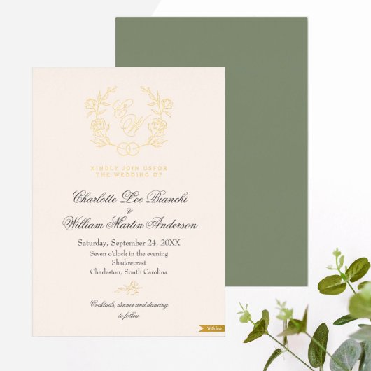 Groene en Beige Neutrale Bruiloft Folie Uitnodiging