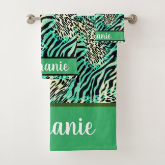 Groene en beige tijger- en zebraafdrukken bad handdoek