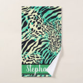 Groene en beige tijger- en zebraafdrukken bad handdoek (Handdoek)