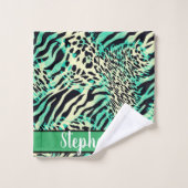 Groene en beige tijger- en zebraafdrukken bad handdoek (Wasdoekje)