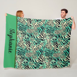 Groene en beige tijger- en zebraafdrukken fleece deken