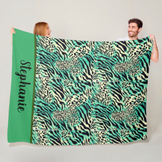 Groene en beige tijger- en zebraafdrukken fleece deken
