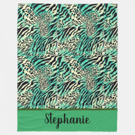 Groene en beige tijger- en zebraafdrukken fleece deken
