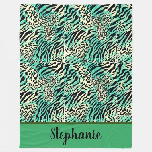 Groene en beige tijger- en zebraafdrukken fleece deken (Voorkant)