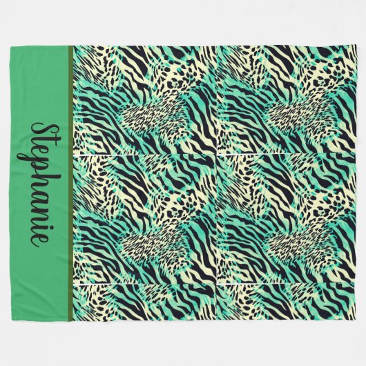 Groene en beige tijger- en zebraafdrukken fleece deken (Voorkant (Horizontaal))