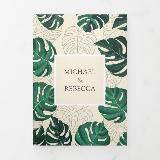Groene en beige tropische Monstera verlaat bruilof Drieluik Uitnodiging (Cover)
