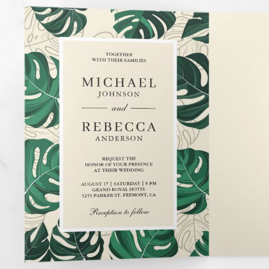 Groene en beige tropische Monstera verlaat bruilof Drieluik Uitnodiging (Binnenzijde eerst)