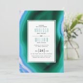 Groene en blauwe agate plak en frame bruiloft kaart (Staand voorkant)