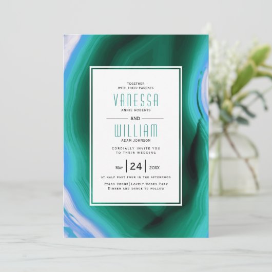Groene en blauwe agate plak en frame bruiloft kaart (Staand voorkant)