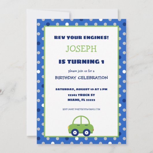 Groene en blauwe auto Kids verjaardagsfeestje uitn Kaart (Voorkant)