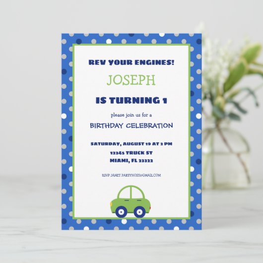 Groene en blauwe auto Kids verjaardagsfeestje uitn Kaart (Staand voorkant)