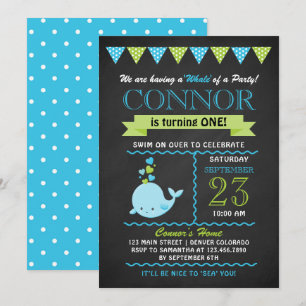 Groene en Blauwe Baby Whale Birthday Party Invite Kaart