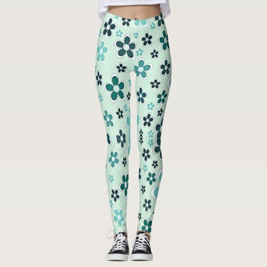 Groene en blauwe bloem op lichtgroene achtergrond leggings (Voorkant)