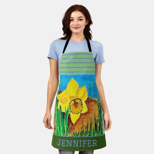 Groene en Blauwe Bloemen All-Over Print Schort (Gedragen)