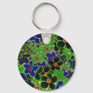 groene en blauwe bloemen met gouden rand sleutelhanger