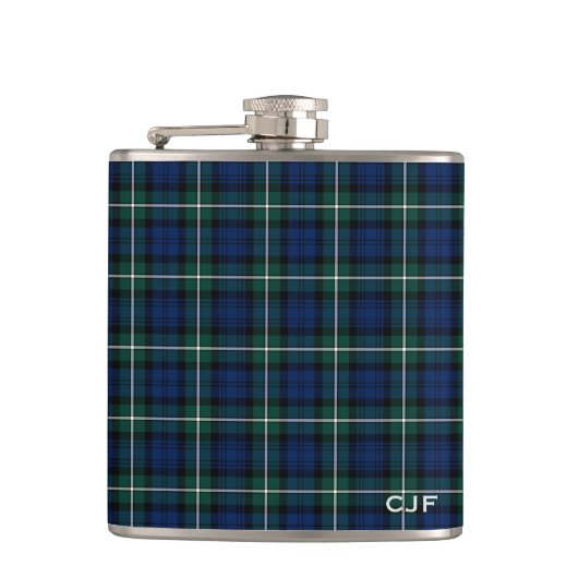 Groene en Blauwe Clan Forbes Tartan Monogram Heupfles (Voorkant)