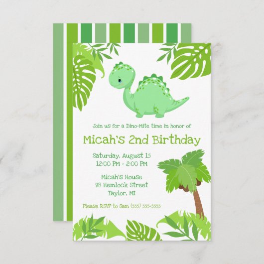 Groene en blauwe Dino-mijt Tijd van geboorte Parti Kaart (Voorkant / Achterkant)