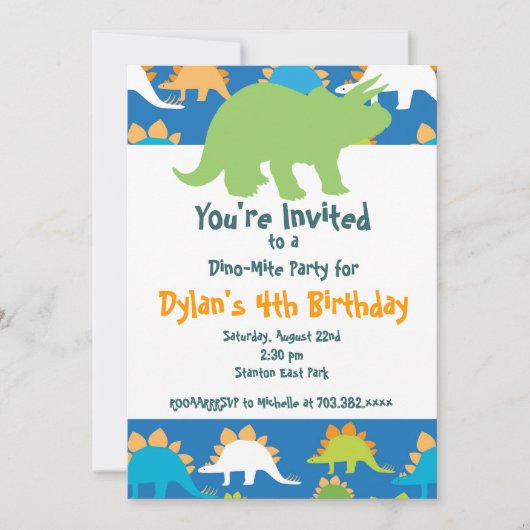 Groene en Blauwe Dinosaur Birthday Party Uitnodigi Kaart (Voorkant)